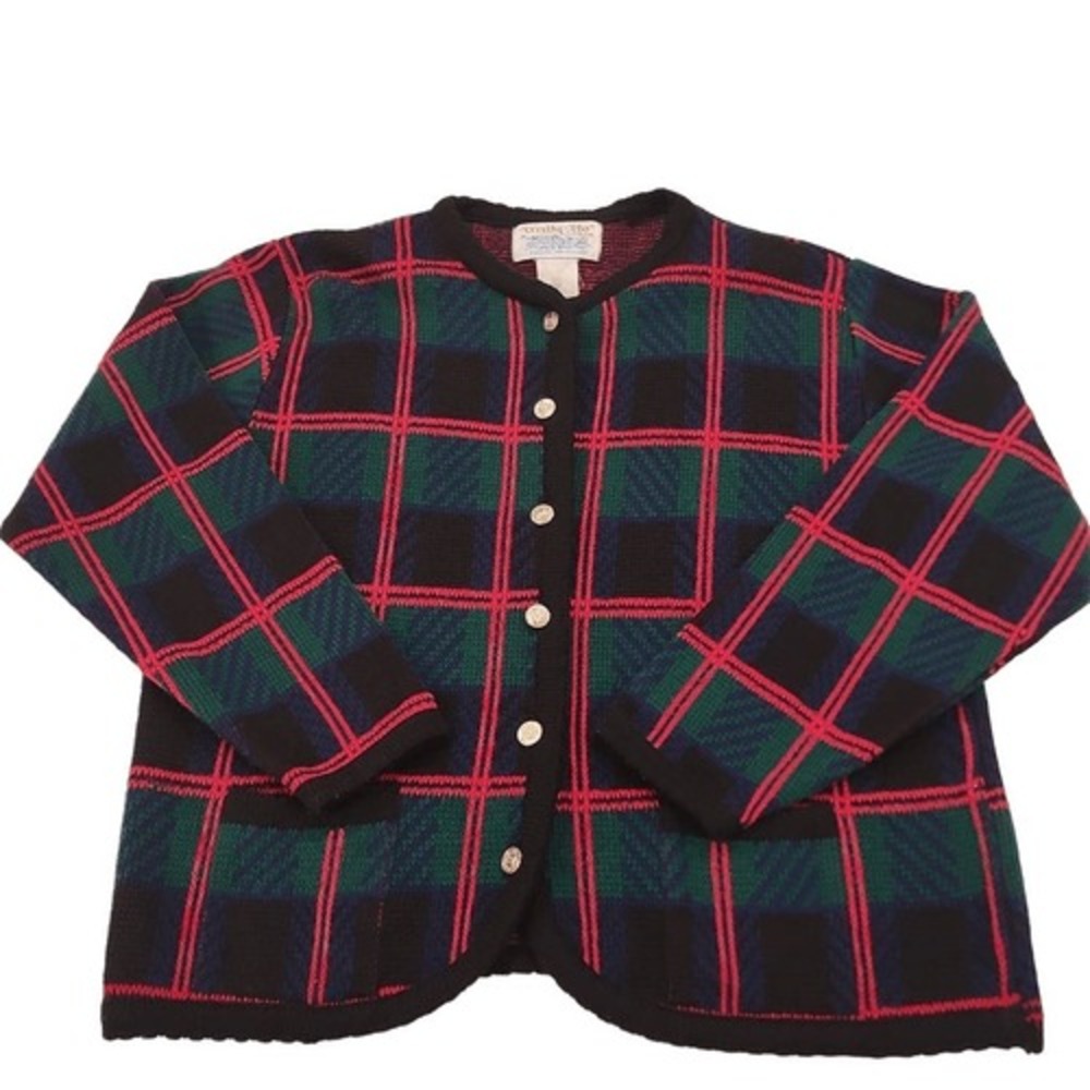 Vintage Tally-Ho Plaid Cardigan Sweater Medium Red Green Blue Crest Buttons 90s - Picture 6 of 12